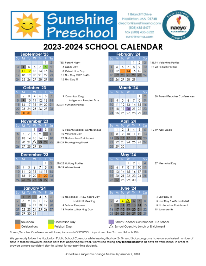 Calendar Sunshine Preschool